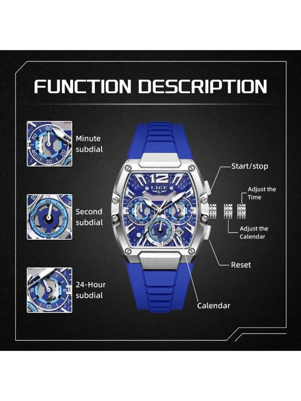 Men's Blue and Silver Square Chronograph Stainless Steel Quartz Wrist Watch